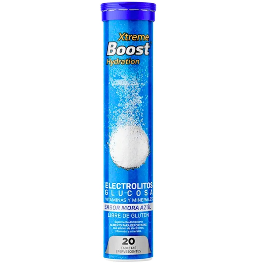 Xtrem Boost Hydration Electrolitos + Glucosa + Vitaminas + Minerales 20 Tabletas Efervescentes Mora Azul Mega Pharma*