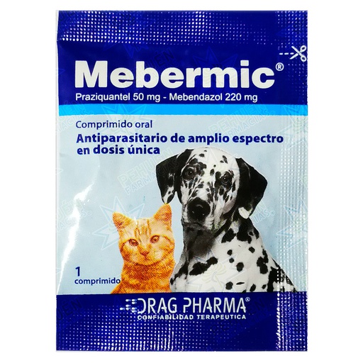 [7800006010101] Mebermic Gato/Perro (220/50) mg 1 Comp/10 kg Drag Pharma