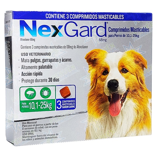 [7809599501553] Nexgard Perros 10,1 a 25 kg 68 mg 3 Comprimidos Masticables Boehringer Ingelheim
