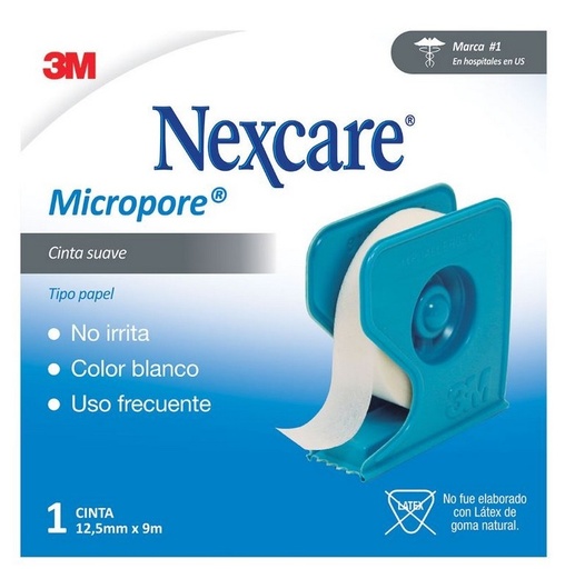 [7805070400780] Nexcare Micropore Blanca Cinta Adhesiva Papel 1,25 cm x 9,1 m con Dispensador 3M
