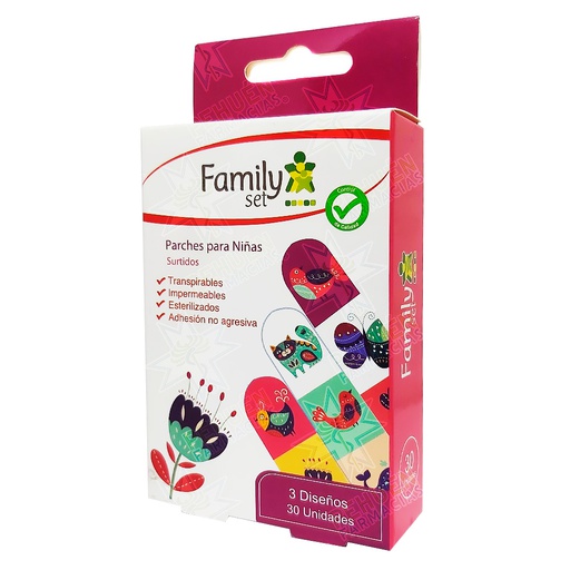 [7805633012849] Family Set Parches Curita Infantil Diseño Floral y Animales 30 Unidades