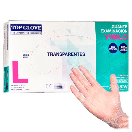 [6970438300031] Top Glove Guantes de Vinilo Talla L Con Polvo Transparentes 100 Unidades Reutter