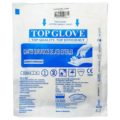 [7804995107682] Top Glove (N°6) 2 Guantes de Látex Estériles Con Polvo Grado Quirúrgicos Talla XS Reutter