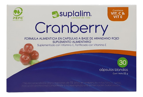 [7804616660121] Cranberry con Vitamina C y E (140/104/3) mg 30 Cápsulas Blandas Suplalim