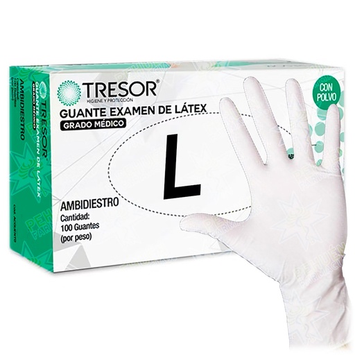 [7806130005266] Tresor Guantes Examinación Látex Talla L Con Polvo Blancos 100 Unidades Grado Médico Reutter