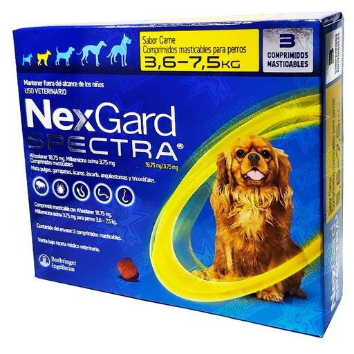 [7809599501966] Nexgard Spectra Perros 3,6 a 7,5 kg (18,75/3,75) mg 3 Comprimidos Masticables Boehringer Ingelheim