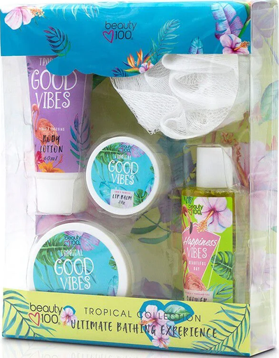 [7805633017684] Beauty 100 Estuche Tropical Body Loción + Exf. + Gel Ducha + Bals.Lab. + Esponja