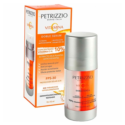 [7804907944336] Petrizzio Sérum Antiedad Doble Protector Solar Fps 30 y Vitamina C 30 mL