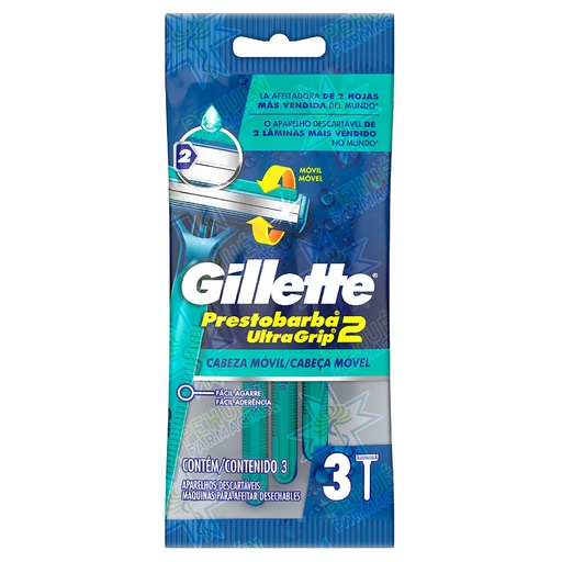 [7500435169691] Gillette Prestobarba "Ultragrip 2" Pack 3 Afeitadoras Desechables P&G