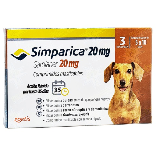 [7804650311072] Simparica Perros 5 a 10 kg 20 mg 3 Comprimidos Masticable Zoetis