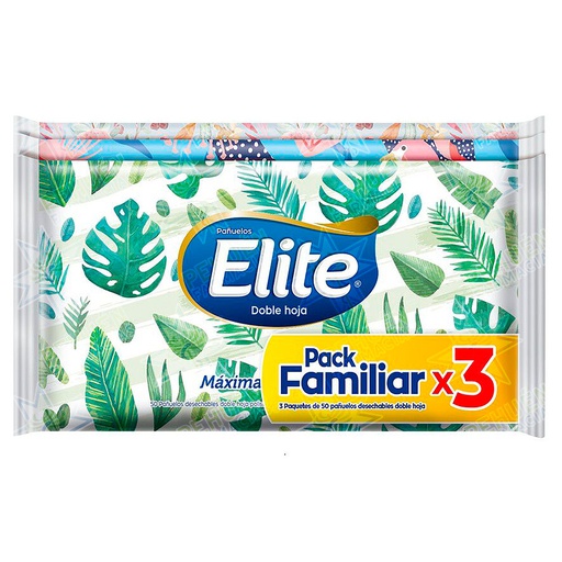 [7806500165637] Elite Doble Hoja Familiar 3 Paquetes de 50 Pañuelos Desechables Cmpc