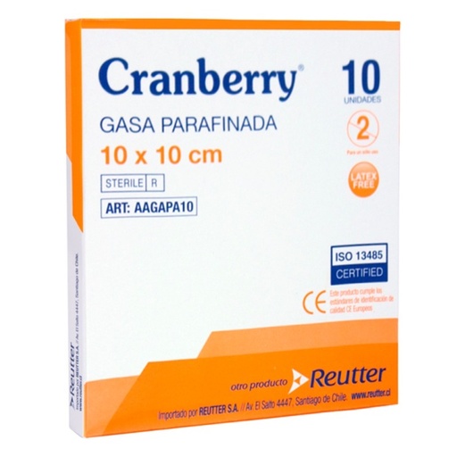 [7806130008199] Cranberry Gasa Parafinada Estéril 10 x 10 cm 10 Unidades Reutter