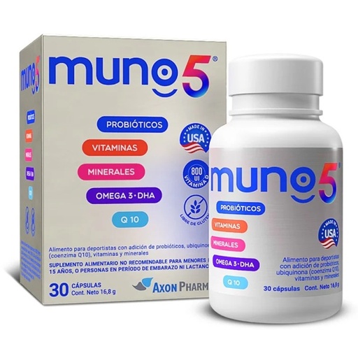 [7804651290178] Muno 5 Probióticos + Vitaminas + Minerales + Omega 3 + Q10 30 Cápsulas Axon Pharma