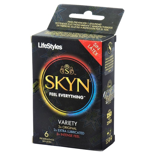 [7804918402757] Lifestyles Skyn 6 Preservativos Sin Látex Variety (2 Original + 2 Extra Lubricated + 2 Intense Feel) Prater