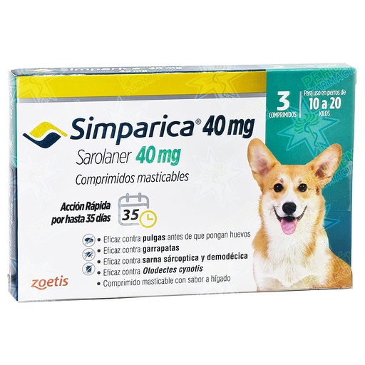 [7804650311089] Simparica Perros 10 a 20 kg 40 mg 3 Comprimidos Masticables Zoetis
