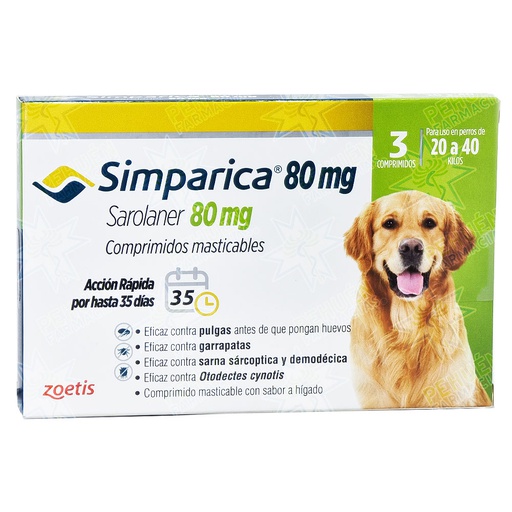 [7804650311096] Simparica Perros 20 a 40 kg 80 mg 3 Comprimidos Masticables Zoetis