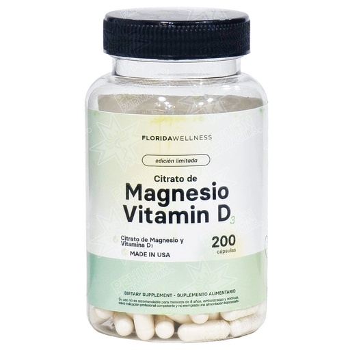 [9629951358179] Citrato de Magnesio + Vitamina D3 (400 mg / 800 UI) 200 Cápsulas Florida Wellness
