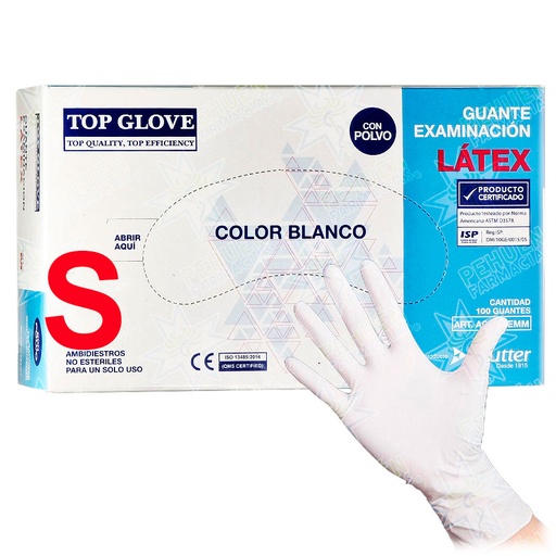 [9557601000164] Top Glove Guantes Examinación Látex Talla S Con Polvo Blancos 100 Unidades Reutter