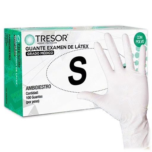 [7806130005280] Tresor Guantes Examinación Látex Talla S Con Polvo Blancos 100 Unidades Grado Médico Reutter