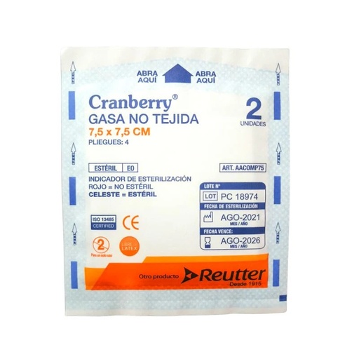 [44E1AZMANFT1BG] Cranberry Gasa No Tejida Estéril 7.5 x 7.5 cm 2 Unidades Reutter