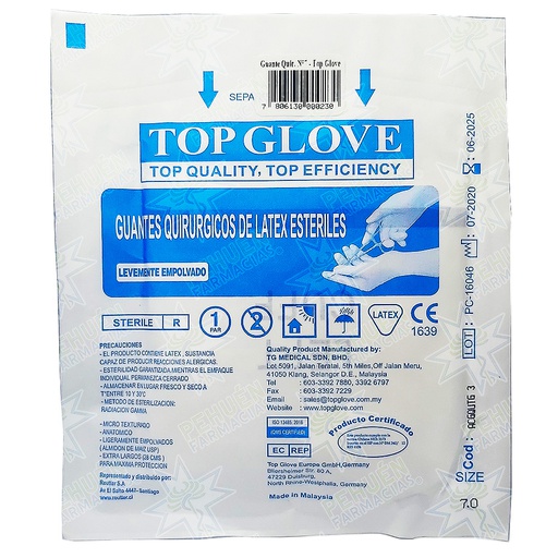 [780813000230] Top Glove (N°7) 2 Guantes de Látex Estériles Con Polvo Grado Quirúrgicos Talla M Reutter