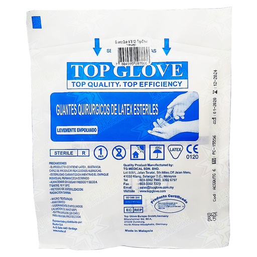 [7804995107866] Top Glove (N°8.5) 2 Guantes de Látex Estériles Con Polvo Grado Quirúrgicos Talla L/XL Reutter