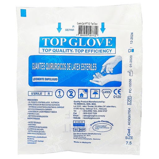 [7804995107712] Top Glove (N°7.5) 2 Guantes de Látex Estériles Con Polvo Grado Quirúrgicos Talla M/L Reutter