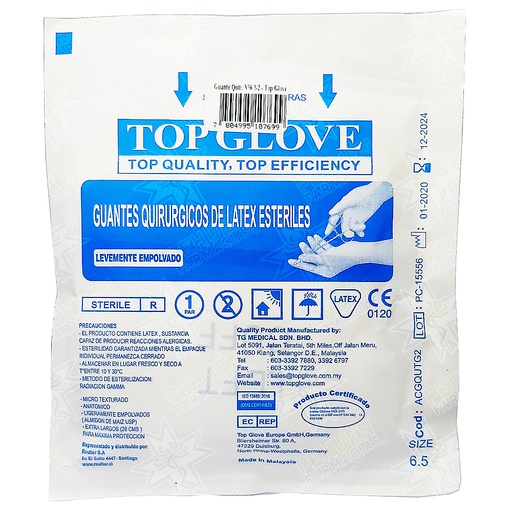 [7804995107699] Top Glove (N°6.5) 2 Guantes de Látex Estériles Con Polvo Grado Quirúrgicos Talla S Reutter