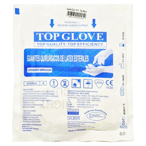[7806130000254] Top Glove (N°8) 2 Guantes de Látex Estériles Con Polvo Grado Quirúrgicos Talla L Reutter