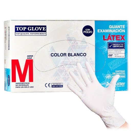 [9557601000263] Top Glove Guantes de Látex Talla M Con Polvo Color Blanco 100 Unidades Reutter