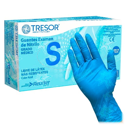 [7806130008854] Tresor Guantes de Nitrilo Talla S Sin Polvo Azules 100 Unidades Grado Médico  Reutter