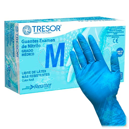 [7806130008861] Tresor Guantes de Nitrilo Talla M Sin Polvo Azules 100 Unidades Grado Médico Reutter