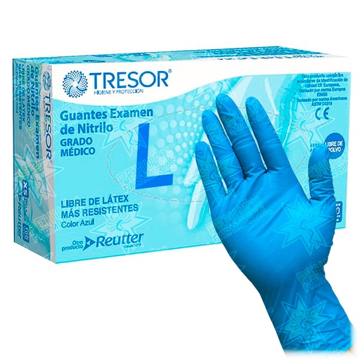 [7806130008878] Tresor Guantes de Nitrilo Talla L Sin Polvo Azules 100 Unidades Reutter