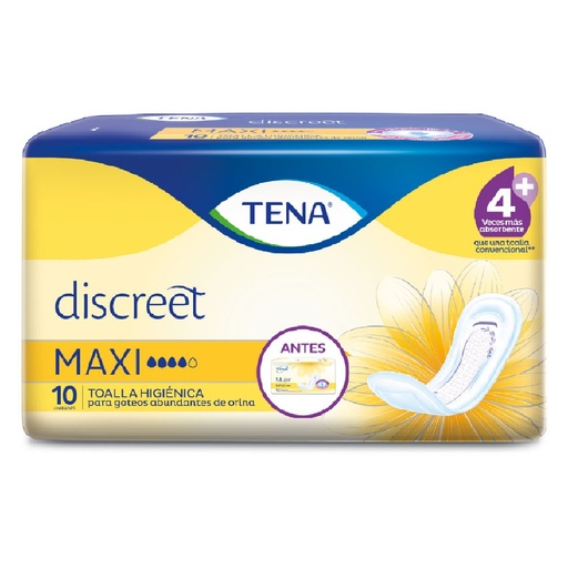 [7702027470424] Tena Discreet MAXI Goteos Abundantes 10 Toallas Higiénicas