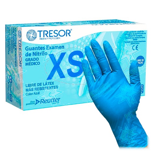 [7806130011465] Tresor Guantes Examinación Nitrilo Talla XS Sin Polvo Azules 100 Unidades Grado Médico Reutter