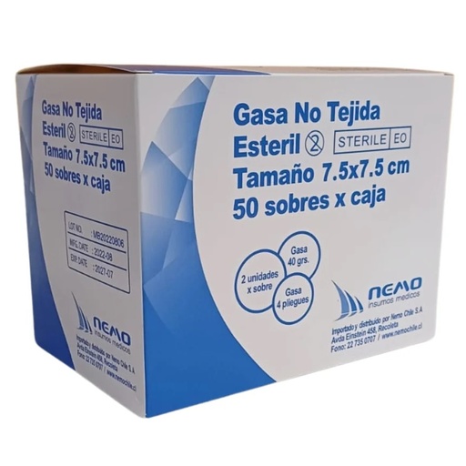 [65676028] Gasa No Tejida Estéril 7.5 x 7.5 cm Caja 50 Sobres x 2 Unidades Nemo