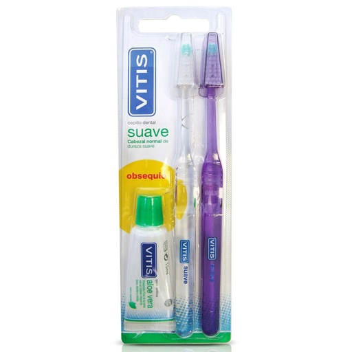 [8427426039513] Vitis Pack 2 Cepillos Dentales Suaves + Pasta 15 mL Dentaid