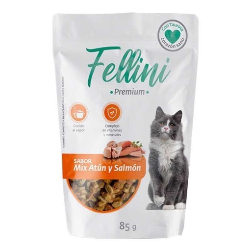 [7805505009373] Fellini Premium Alimento Húmedo Gatos Mix Atún y Salmón 85 g