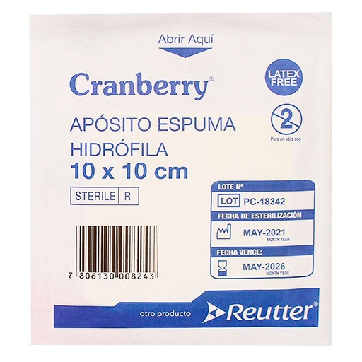[7806130008243] Cranberry Apósito Alta Absorción No Adherente de Espuma 10 x 10 cm 1 Unidad Reutter