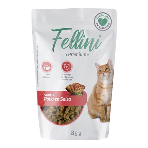 [7805505009380] Fellini Premium Alimento Húmedo Gatos Pollo en Salsa 85 g
