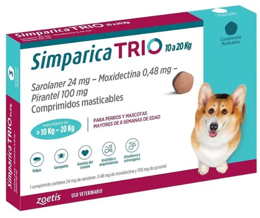 [5414736044859] Simparica TRIO Perros 10 a 20 kg 3 Comprimidos Masticables Zoetis