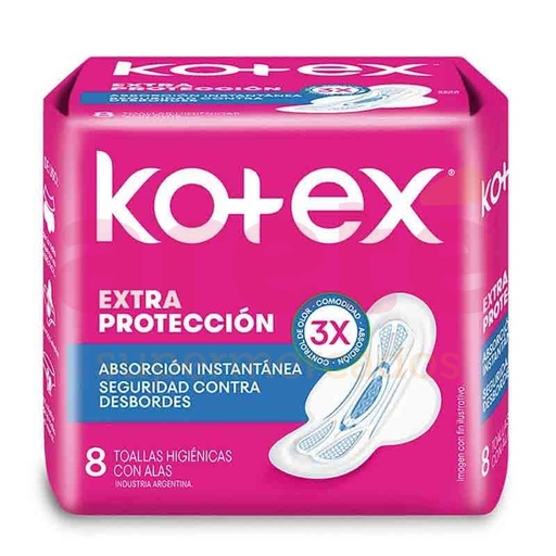 [7794626010811] Kotex Con Alas Extra Protección Absorción Instantánea 8 Toallas Femeninas Kimberly Clark