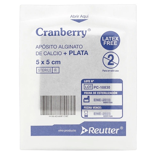 [44A6AEAANFJ3BC] Cranberry Apósito Alta Absorción No Adherente de Alginato con Plata 5 x 5 cm 1 Unidad Reutter