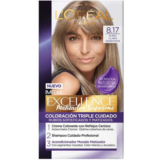 [7509552844498] Excellence Matizador Supreme 8.17 Rubio Claro Cenizo Mate Tintura Permanente L'oreal