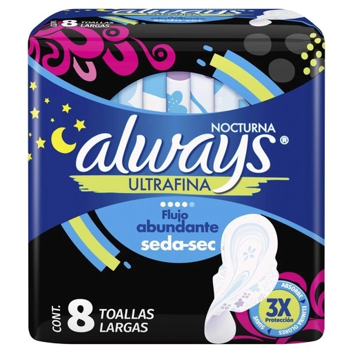 [7590002012383] Always Nocturna Ultrafina Flujo Abundante Seda Sec 8 Toallas Femeninas P&G