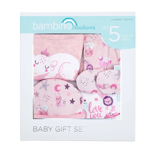 [7804995105091] Baby Gift Set 5 Piezas de Ropa Rosado Animales 0-3 meses Bambino
