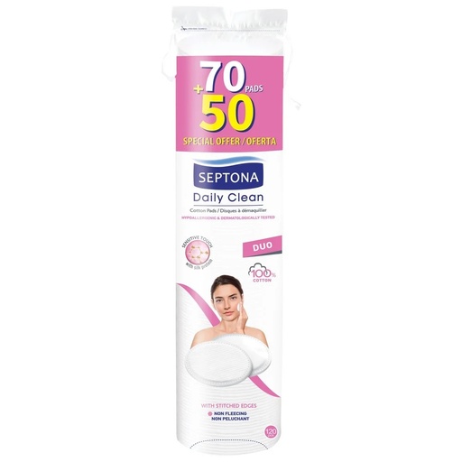 [5201410812046] Pétalos Desmaquillantes Septona Daily Clean 100% Algodón pack 70+50 Unidades