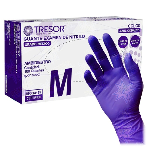 [7806130010499] Tresor Guantes Examinación Nitrilo Talla M Sin Polvo Azules Cobalto 100 Unidades Grado Médico Reutter