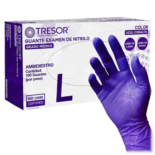 [7806130010505] Tresor Guantes Examinación Nitrilo Talla L Sin Polvo Azules Cobalto 100 Unidades Grado Médico Reutter