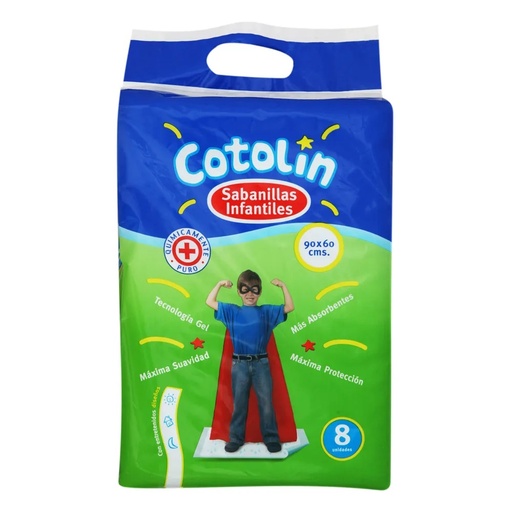 [7806545000344] Cotolin Sabanillas Desechables Infantiles con Gel 90 x 60 cm 8 Unidades